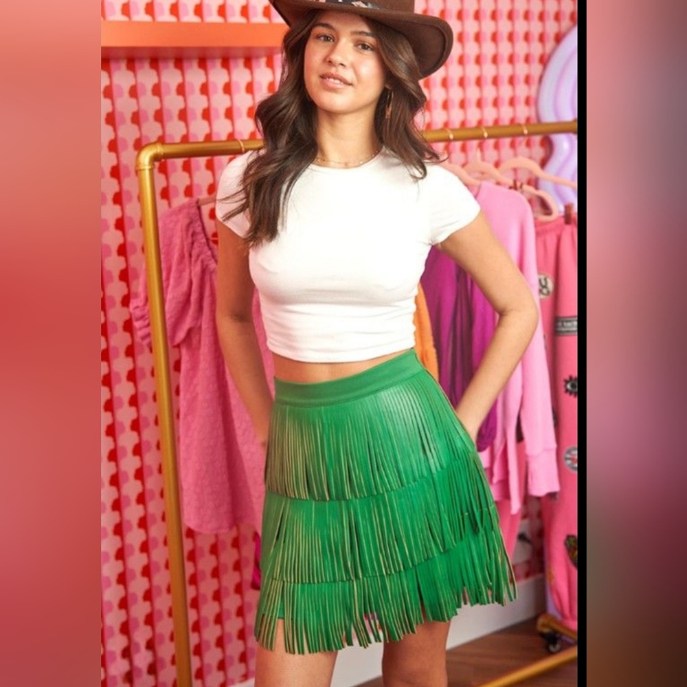Green Midi Skater Skirt with Pleated Tiers